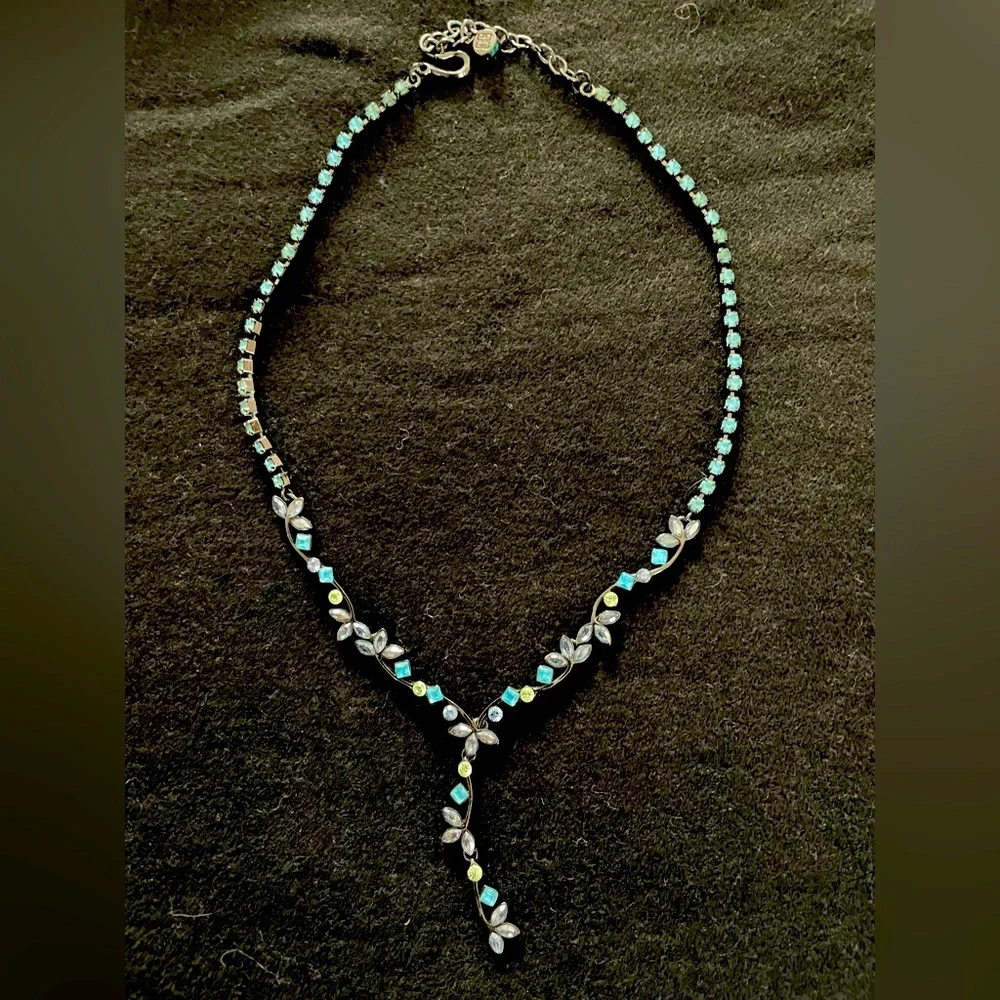 Sapphire Drop Pendant/Necklace Blue/Dark Silver Grey 14-17” Soft Delicate